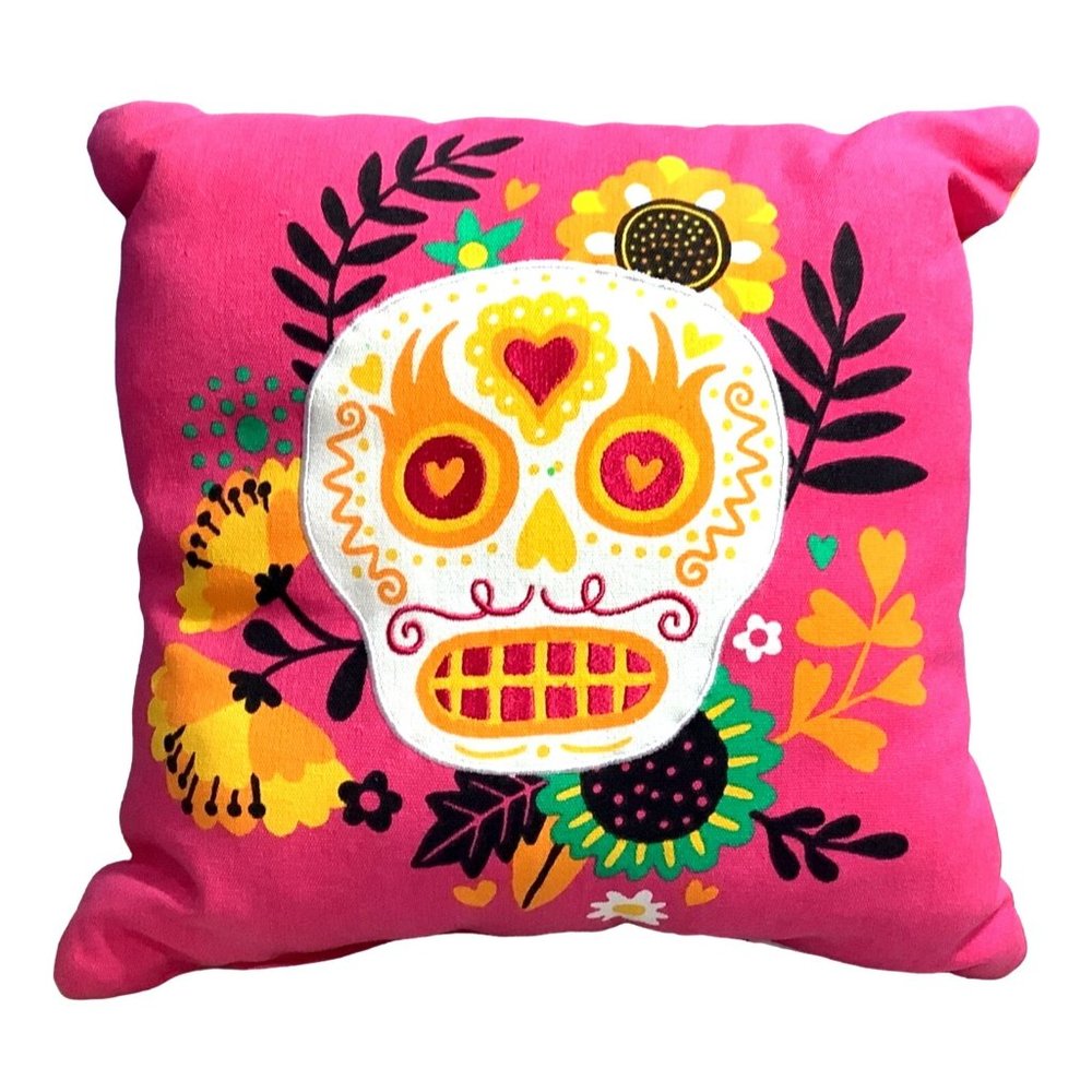 Sugar Skull Decorative Throw Pillow 2 Sided Flowers Embroidered 16"x 16" Pink - Picture 1 of 6